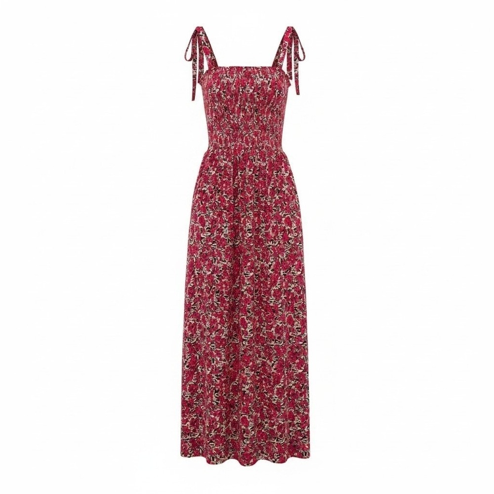 BB Dakota Womens S Red‎ Floral Maxi Dress Smocked Bodice Tie Shoulder Sundress